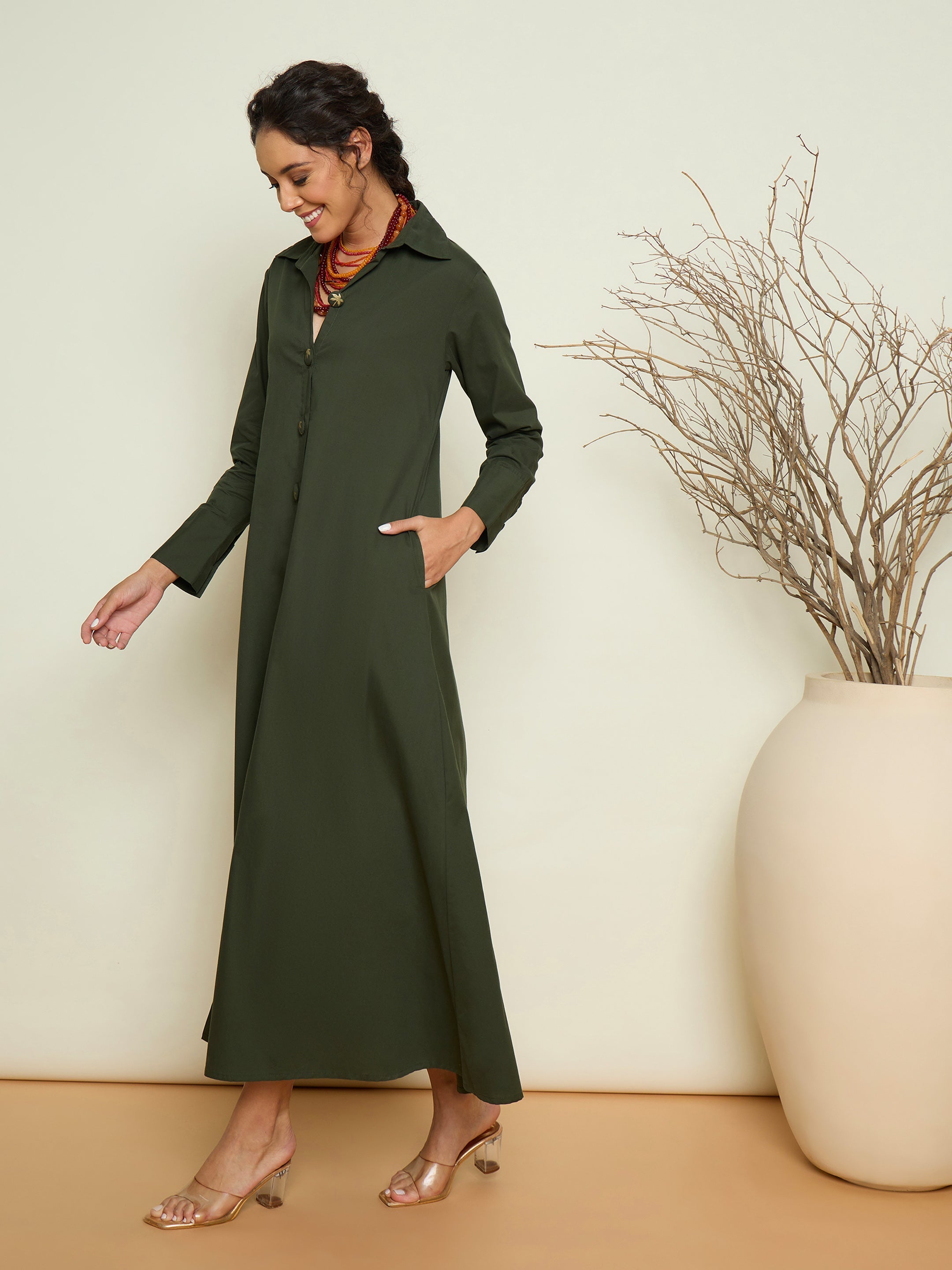 Women Olive Foil Print Longline Shirt Dress-SFDRSS13417