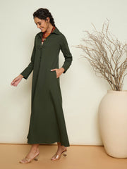 Women Olive Foil Print Longline Shirt Dress-SFDRSS13417