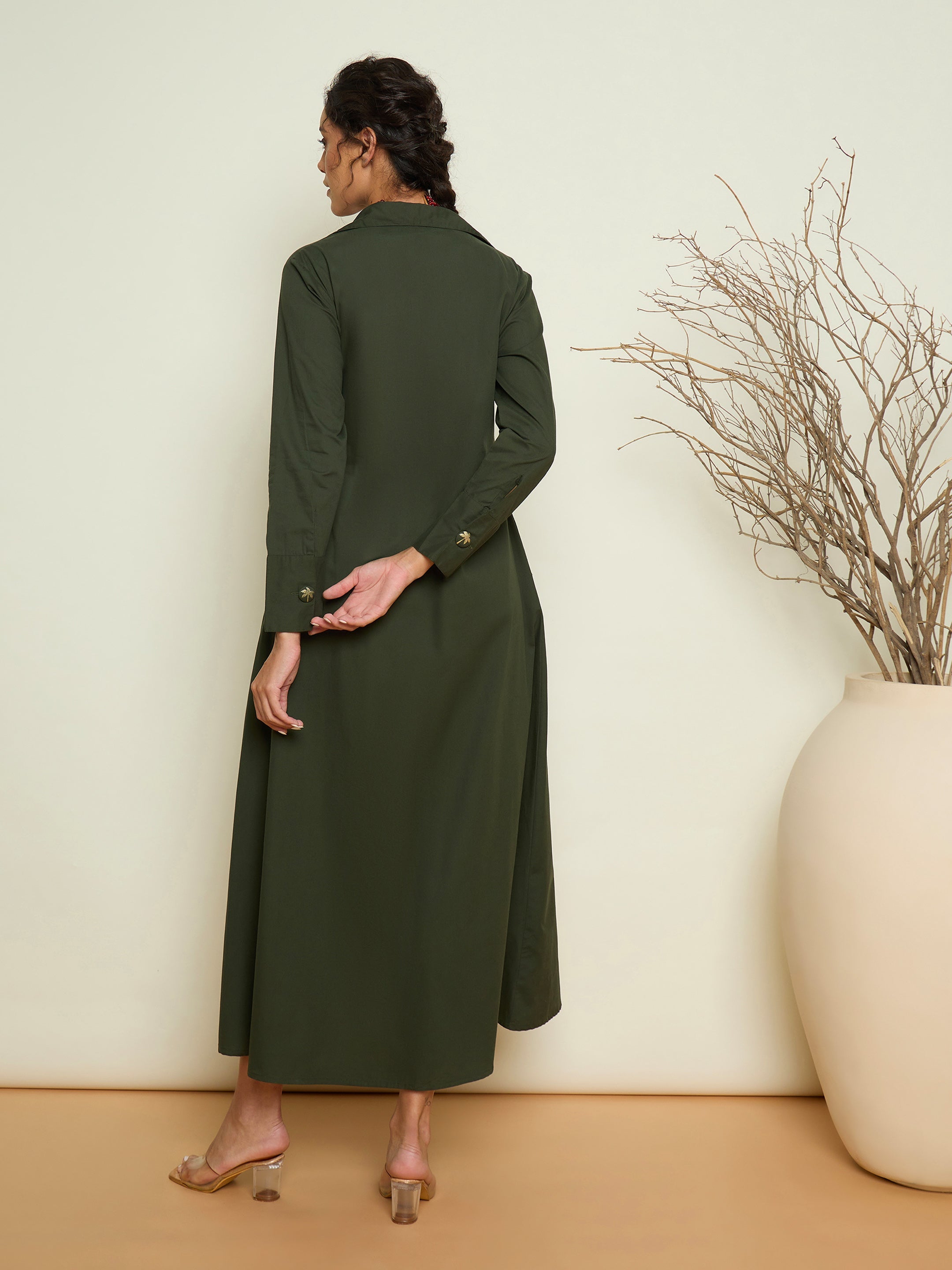 Women Olive Foil Print Longline Shirt Dress-SFDRSS13417