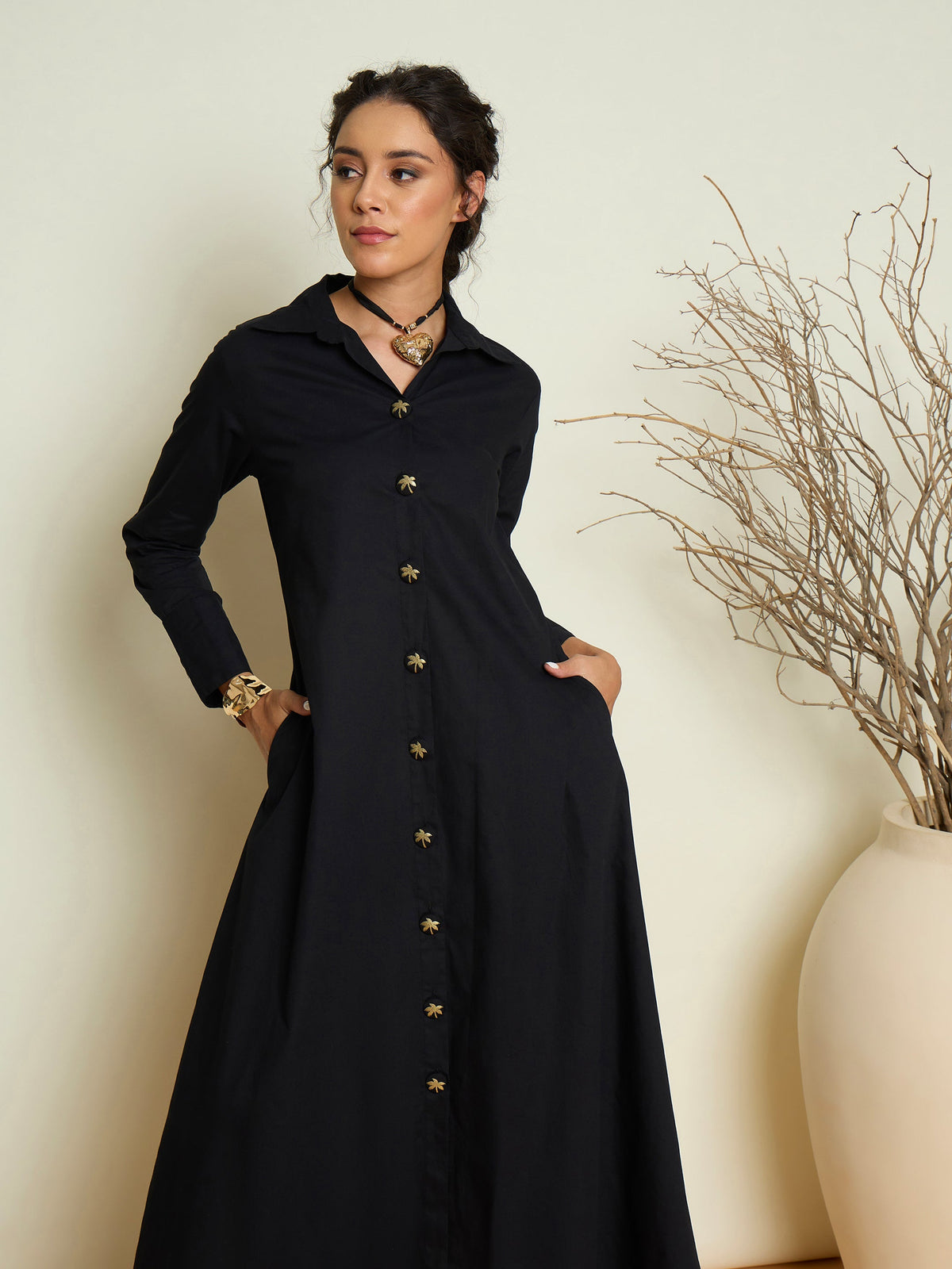 Women Black Foil Print Longline Shirt Dress-SFDRSS13418