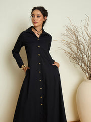 Women Black Foil Print Longline Shirt Dress-SFDRSS13418