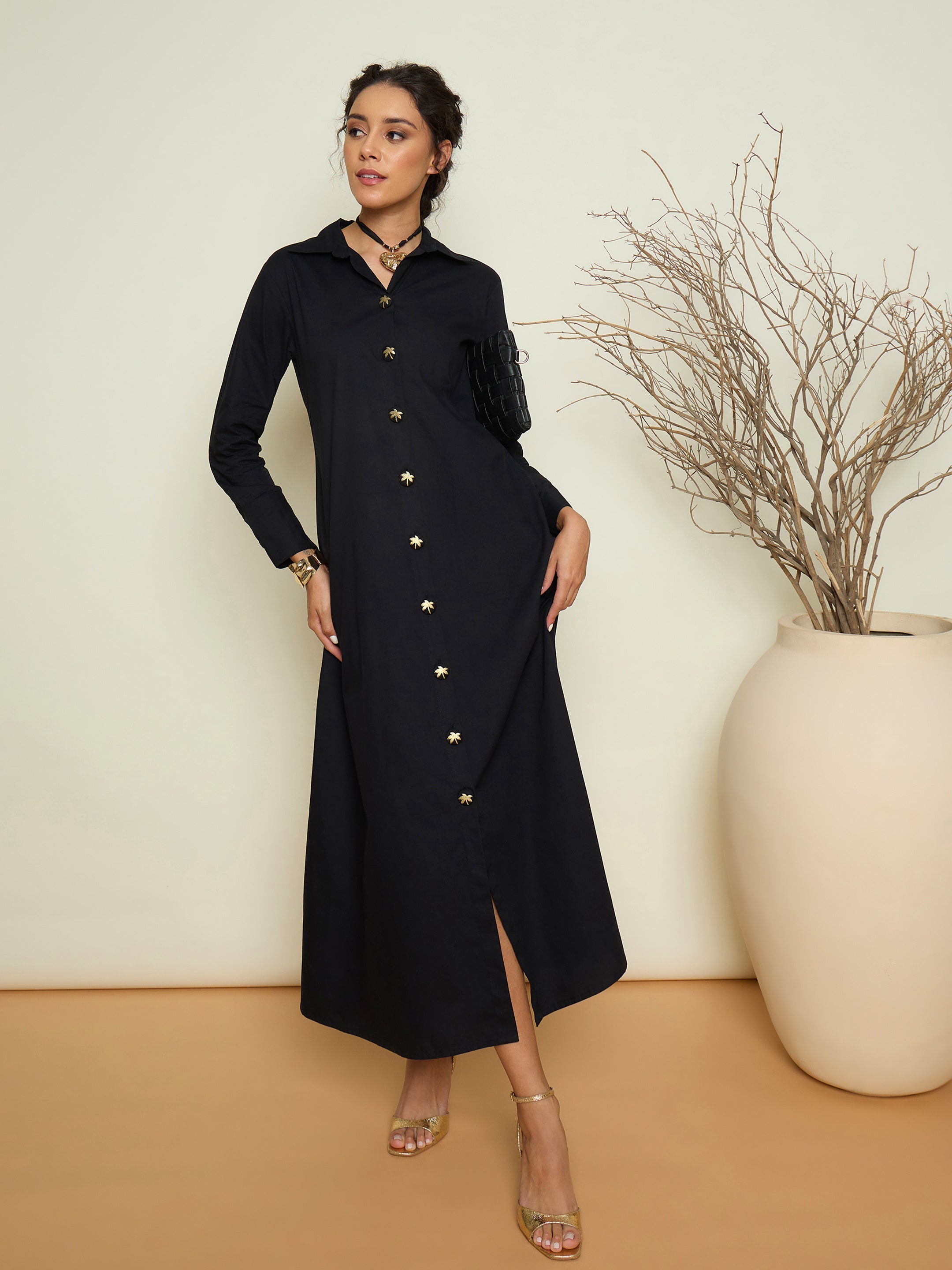 Women Black Foil Print Longline Shirt Dress-SFDRSS13418
