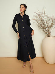 Women Black Foil Print Longline Shirt Dress-SFDRSS13418