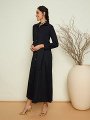 Women Black Foil Print Longline Shirt Dress-SFDRSS13418