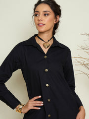 Women Black Foil Print Longline Shirt Dress-SFDRSS13418