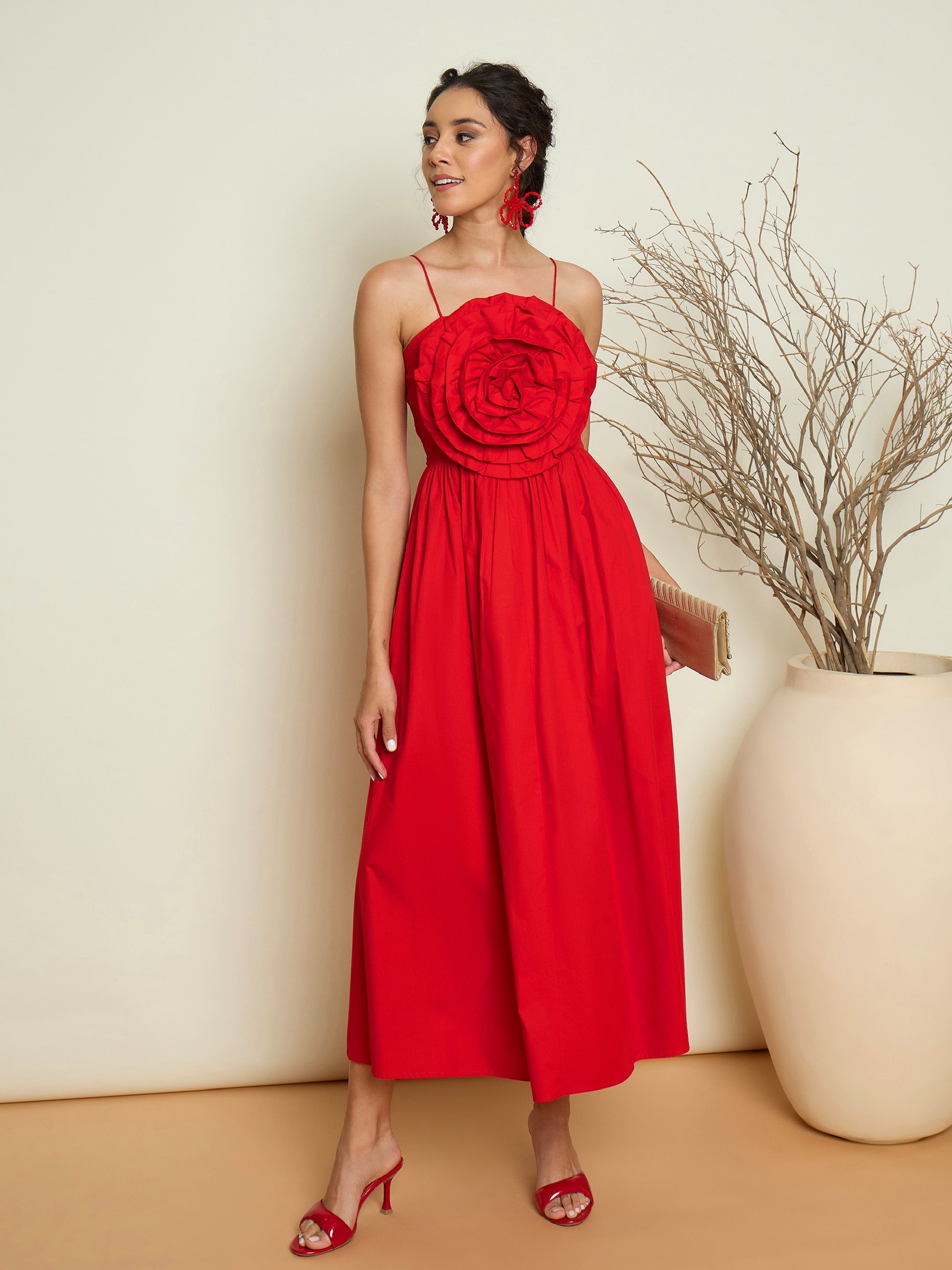 Women Red Poplin Front Corsage Strappy Maxi Dress-SFDRSS13419