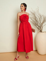Women Red Poplin Front Corsage Strappy Maxi Dress-SFDRSS13419