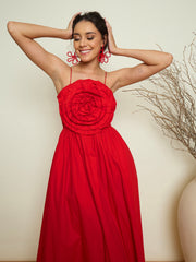Women Red Poplin Front Corsage Strappy Maxi Dress-SFDRSS13419