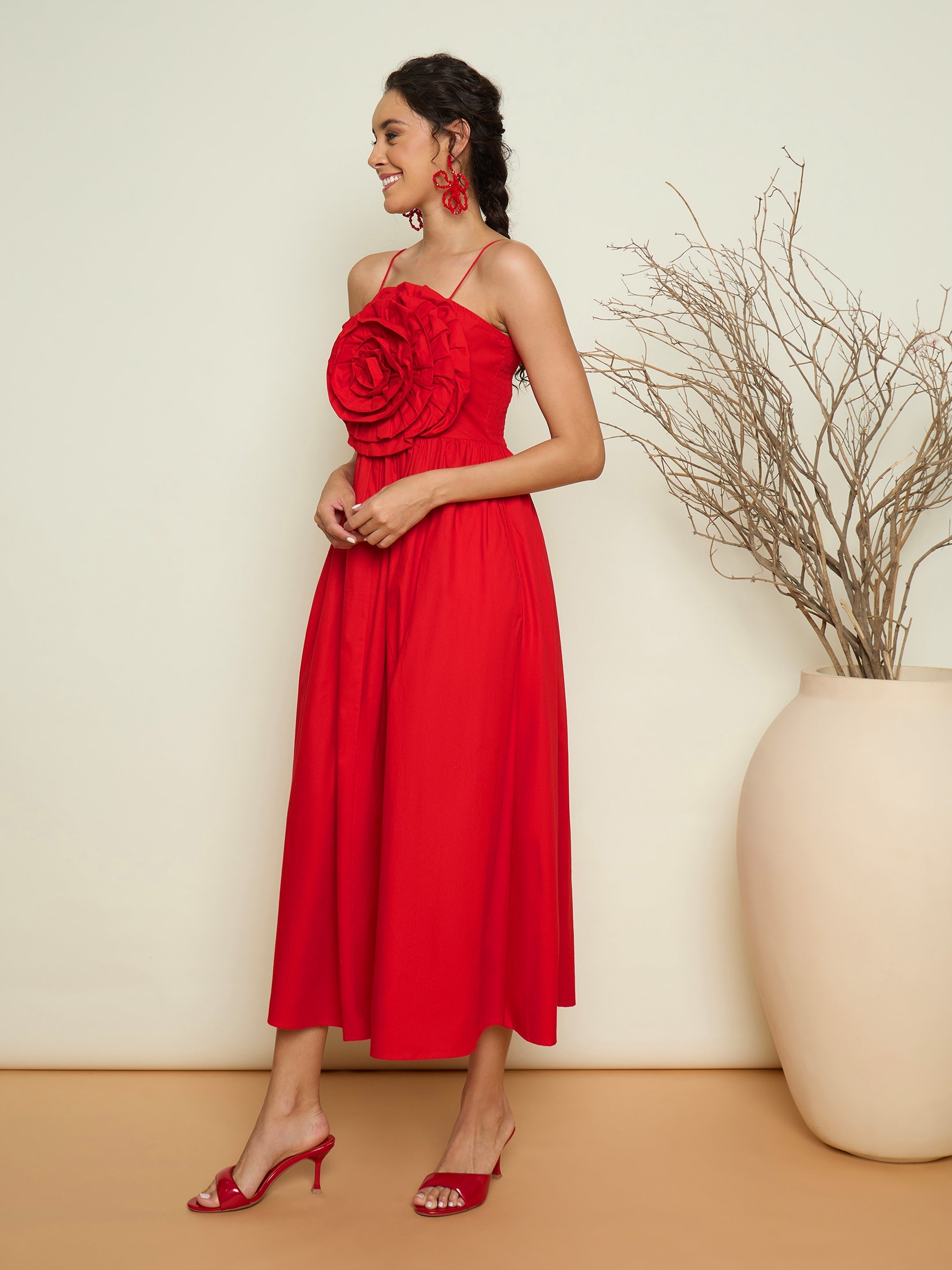 Women Red Poplin Front Corsage Strappy Maxi Dress-SFDRSS13419