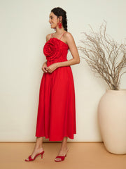 Women Red Poplin Front Corsage Strappy Maxi Dress-SFDRSS13419