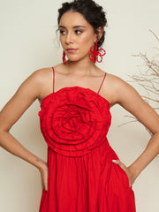 Women Red Poplin Front Corsage Strappy Maxi Dress-SFDRSS13419