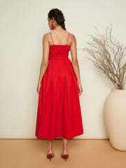 Women Red Poplin Front Corsage Strappy Maxi Dress-SFDRSS13419
