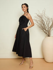 Women Black Poplin Front Corsage Strappy Maxi Dress-SFDRSS13420