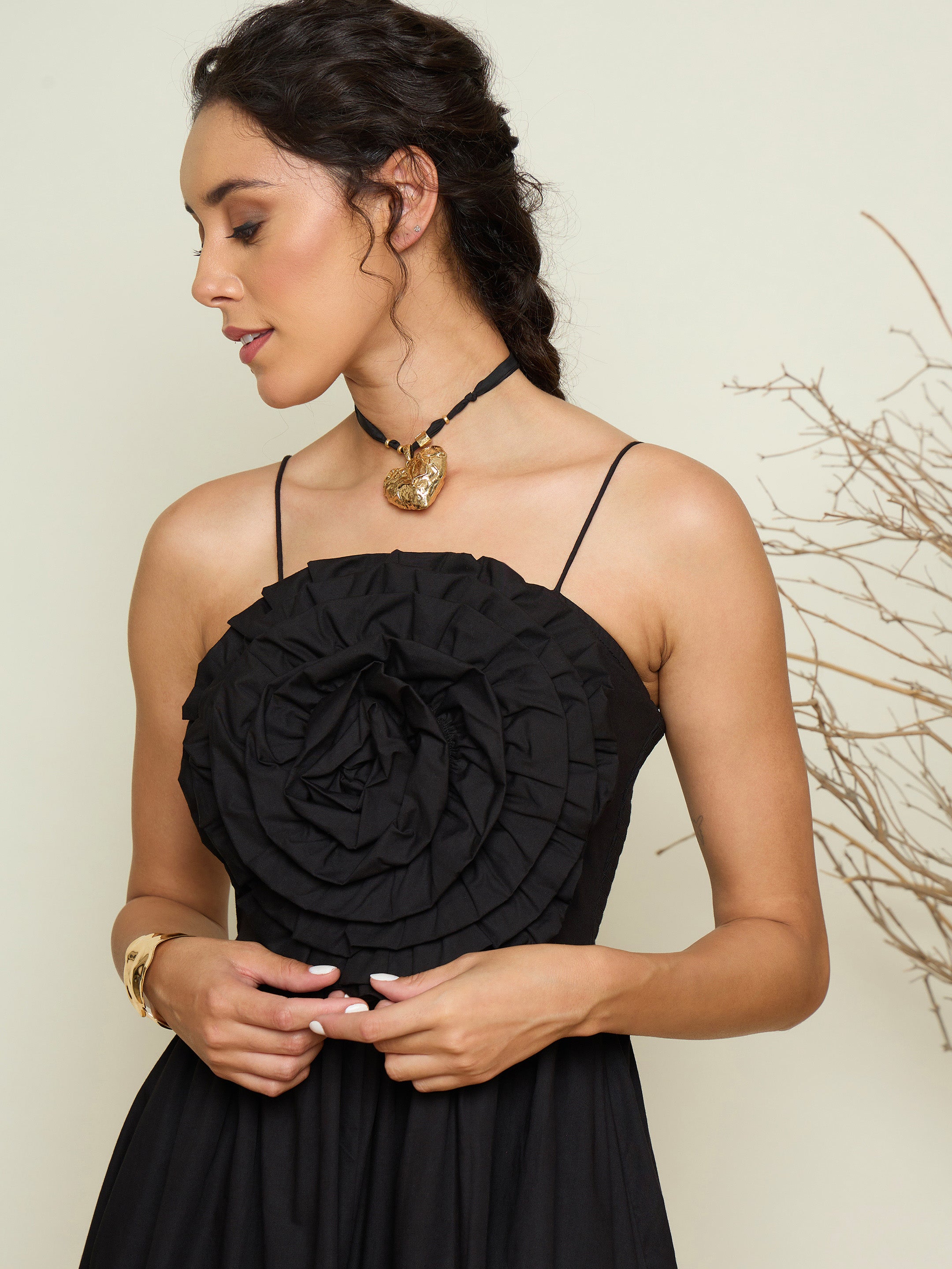 Women Black Poplin Front Corsage Strappy Maxi Dress-SFDRSS13420