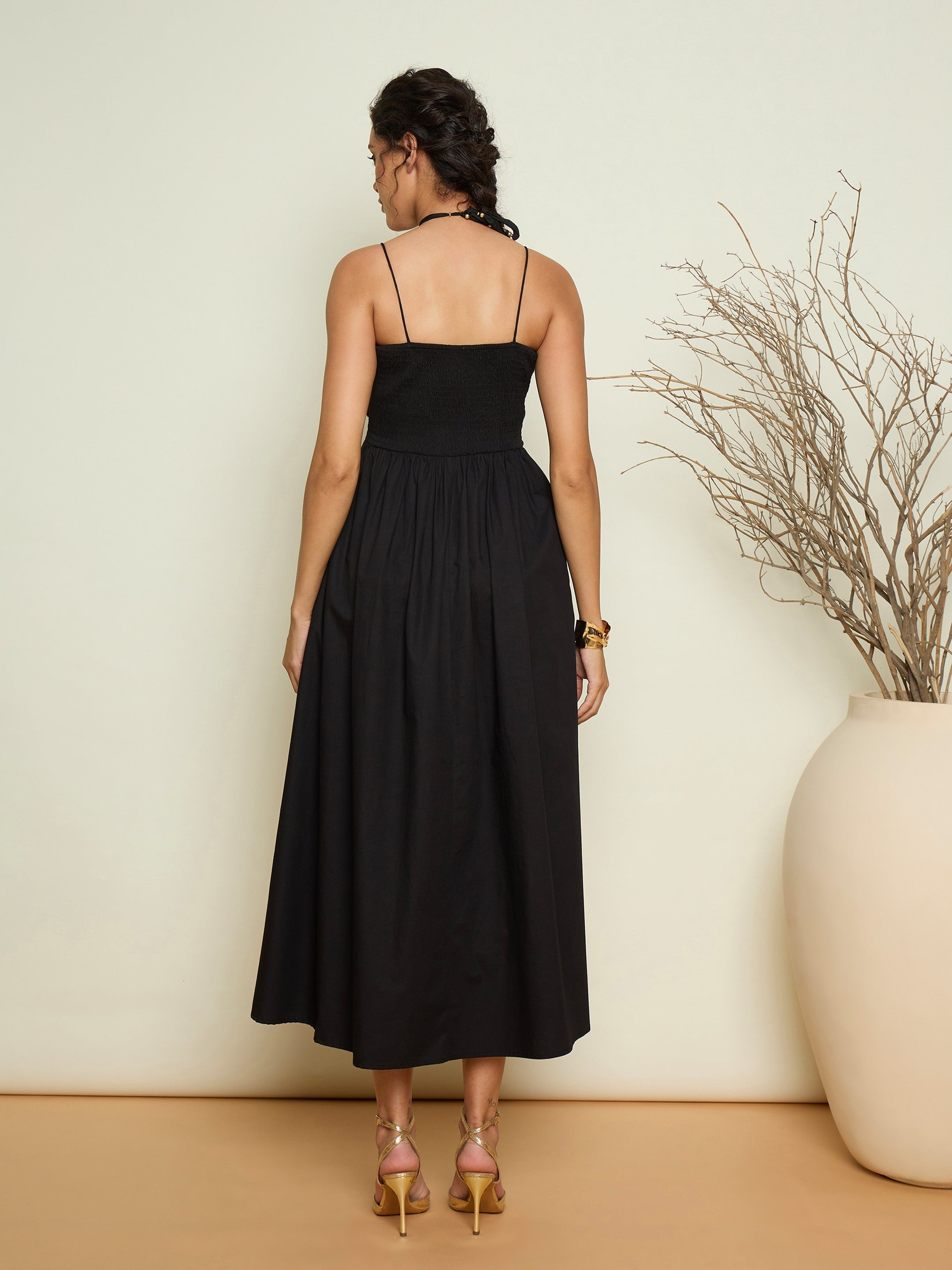 Women Black Poplin Front Corsage Strappy Maxi Dress-SFDRSS13420