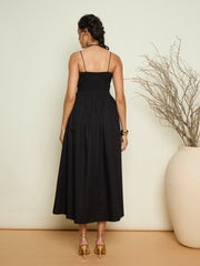 Women Black Poplin Front Corsage Strappy Maxi Dress-SFDRSS13420