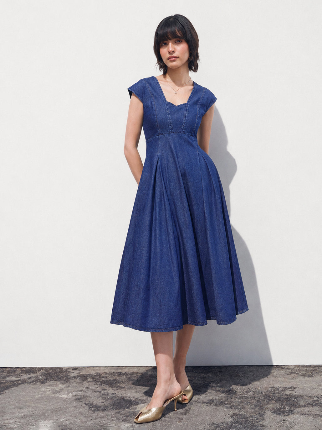 DesiQlo Navy Denim Sweetheart Neck A-Line Midi Dress - Navy Blue