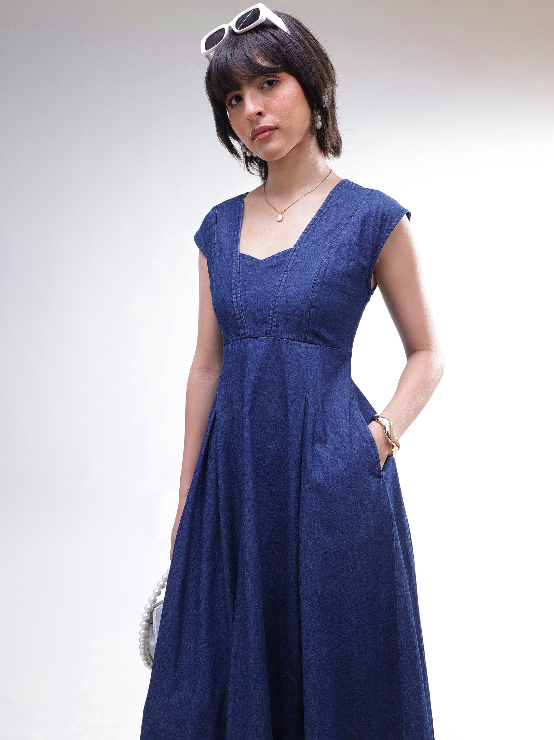 DesiQlo Navy Denim Sweetheart Neck A-Line Midi Dress - Navy Blue