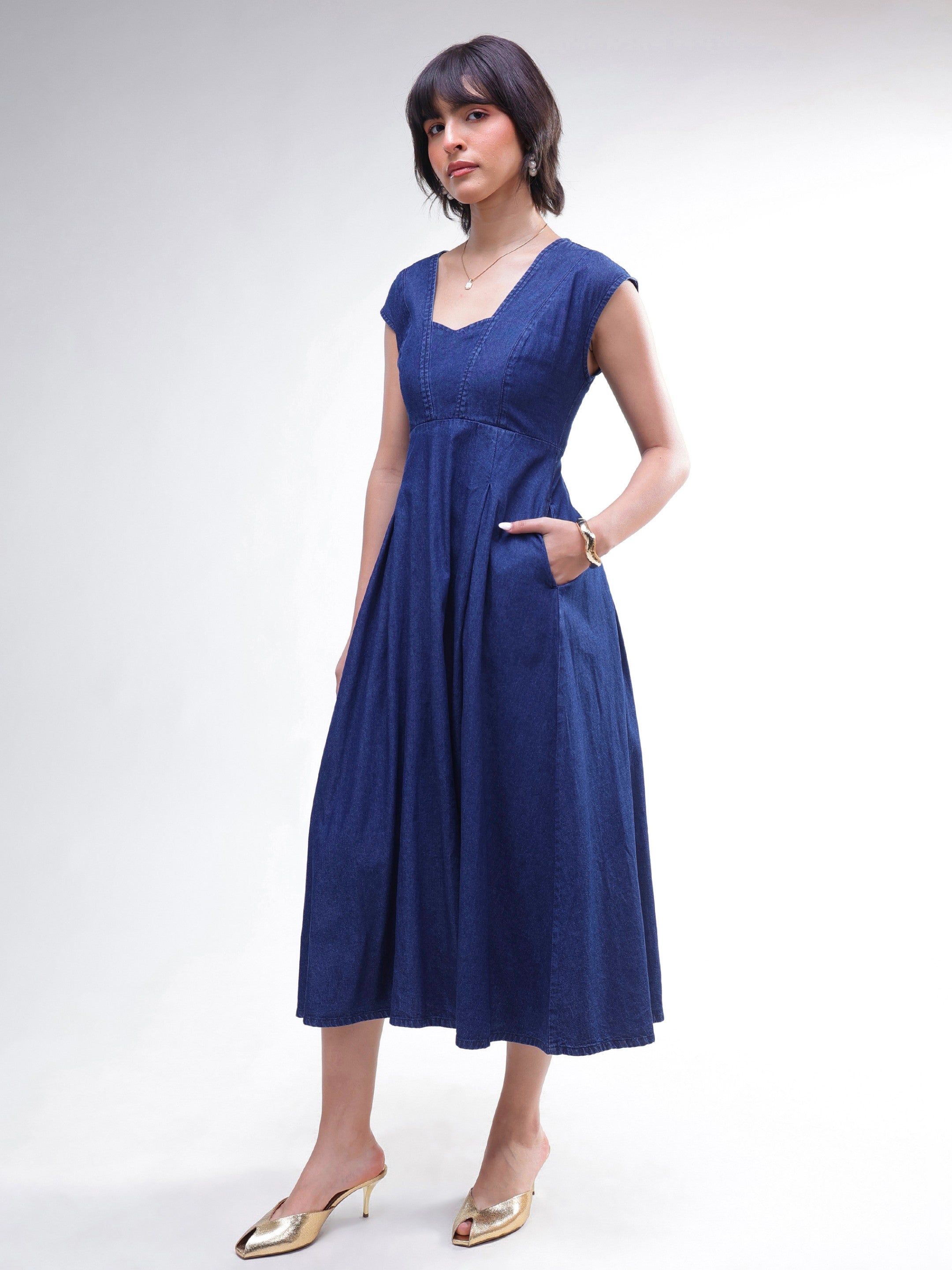 DesiQlo Navy Denim Sweetheart Neck A-Line Midi Dress - Navy Blue