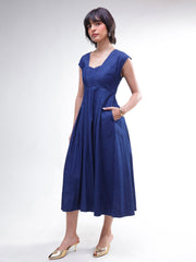 Women Navy Denim Sweetheart Neck A-Line Midi Dress