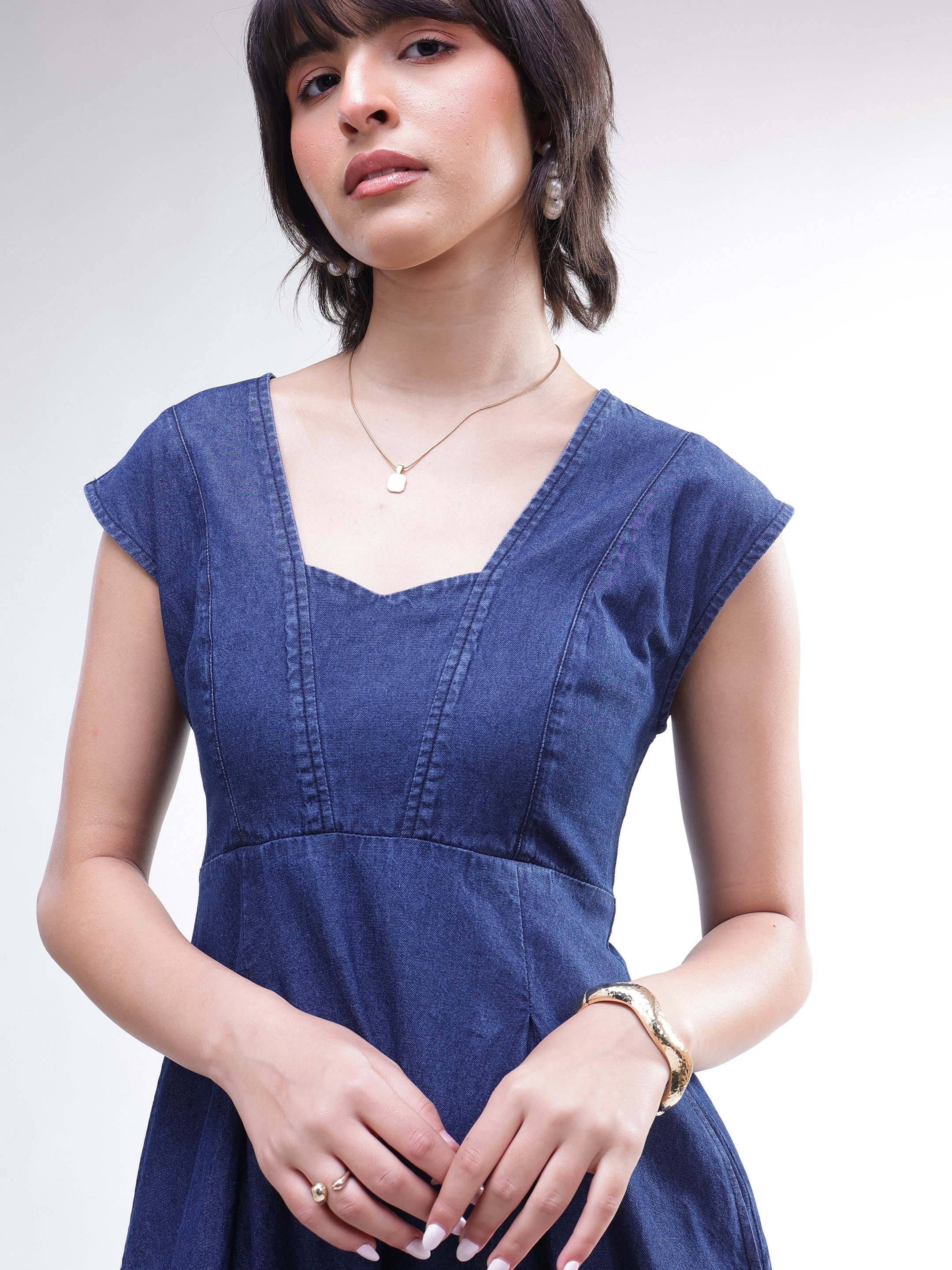 DesiQlo Navy Denim Sweetheart Neck A-Line Midi Dress - Navy Blue
