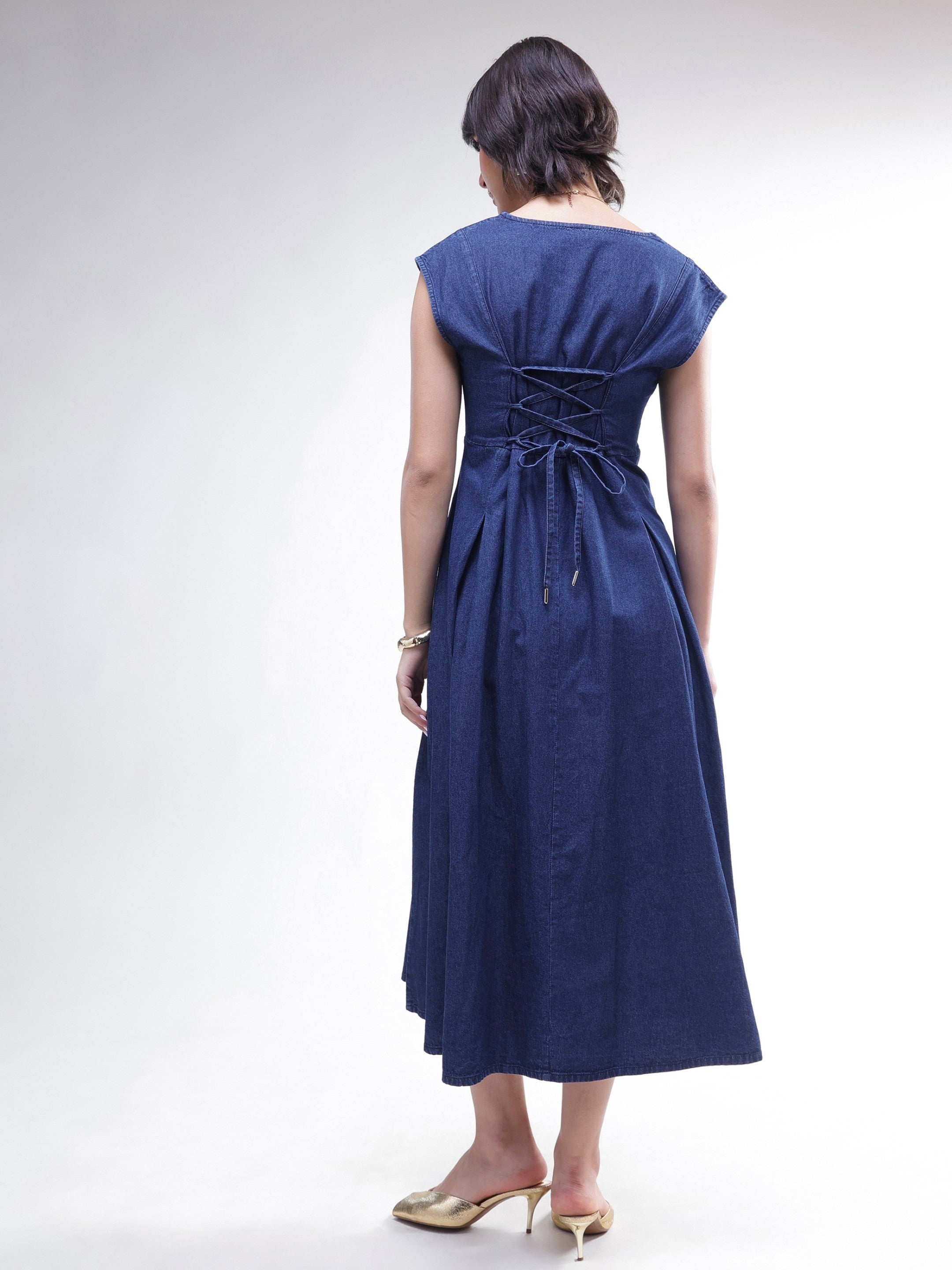 DesiQlo Navy Denim Sweetheart Neck A-Line Midi Dress - Navy Blue