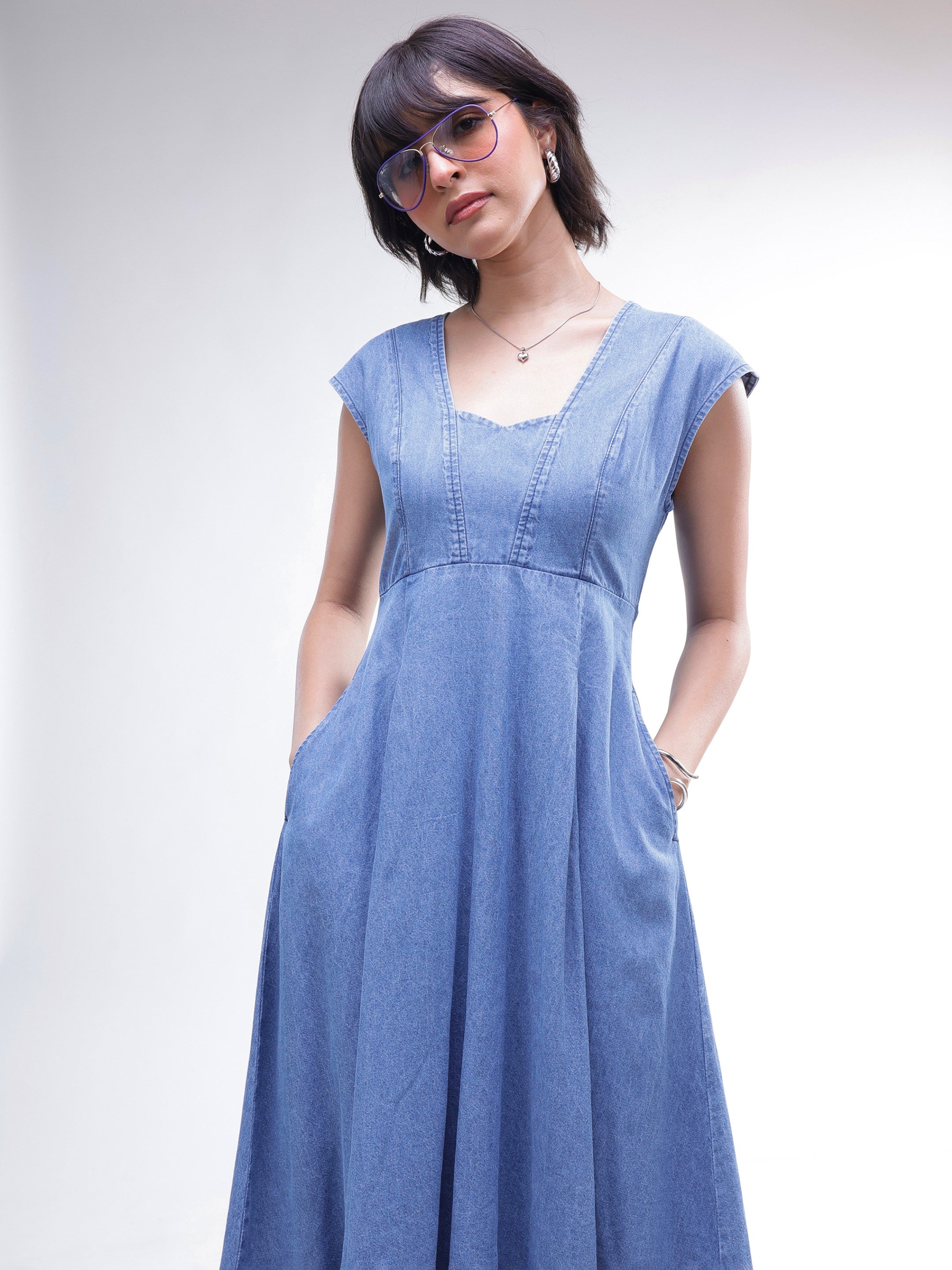 DesiQlo Blue Denim Sweetheart Neck A-Line Midi Dress - Blue