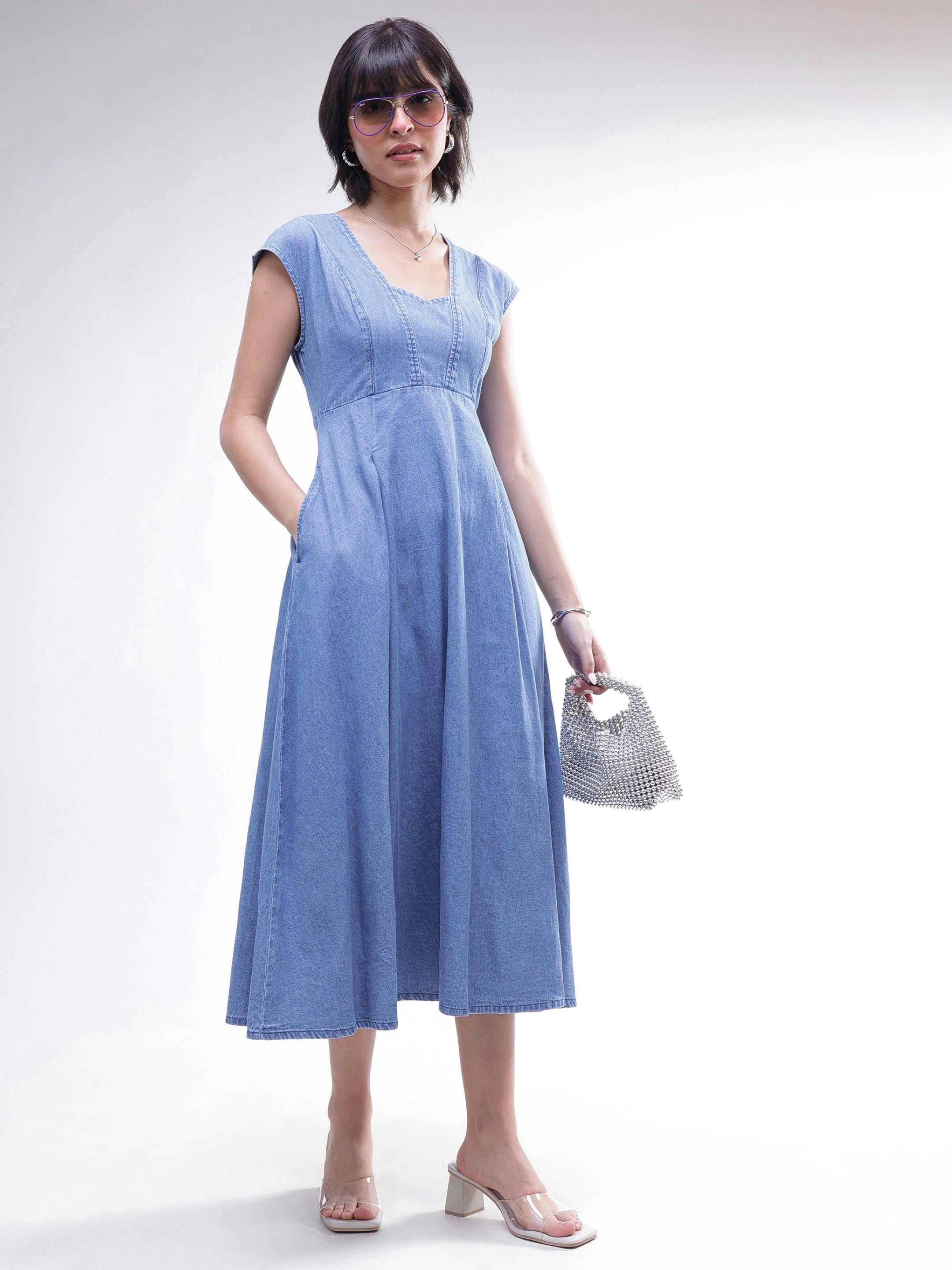 DesiQlo Blue Denim Sweetheart Neck A-Line Midi Dress - Blue