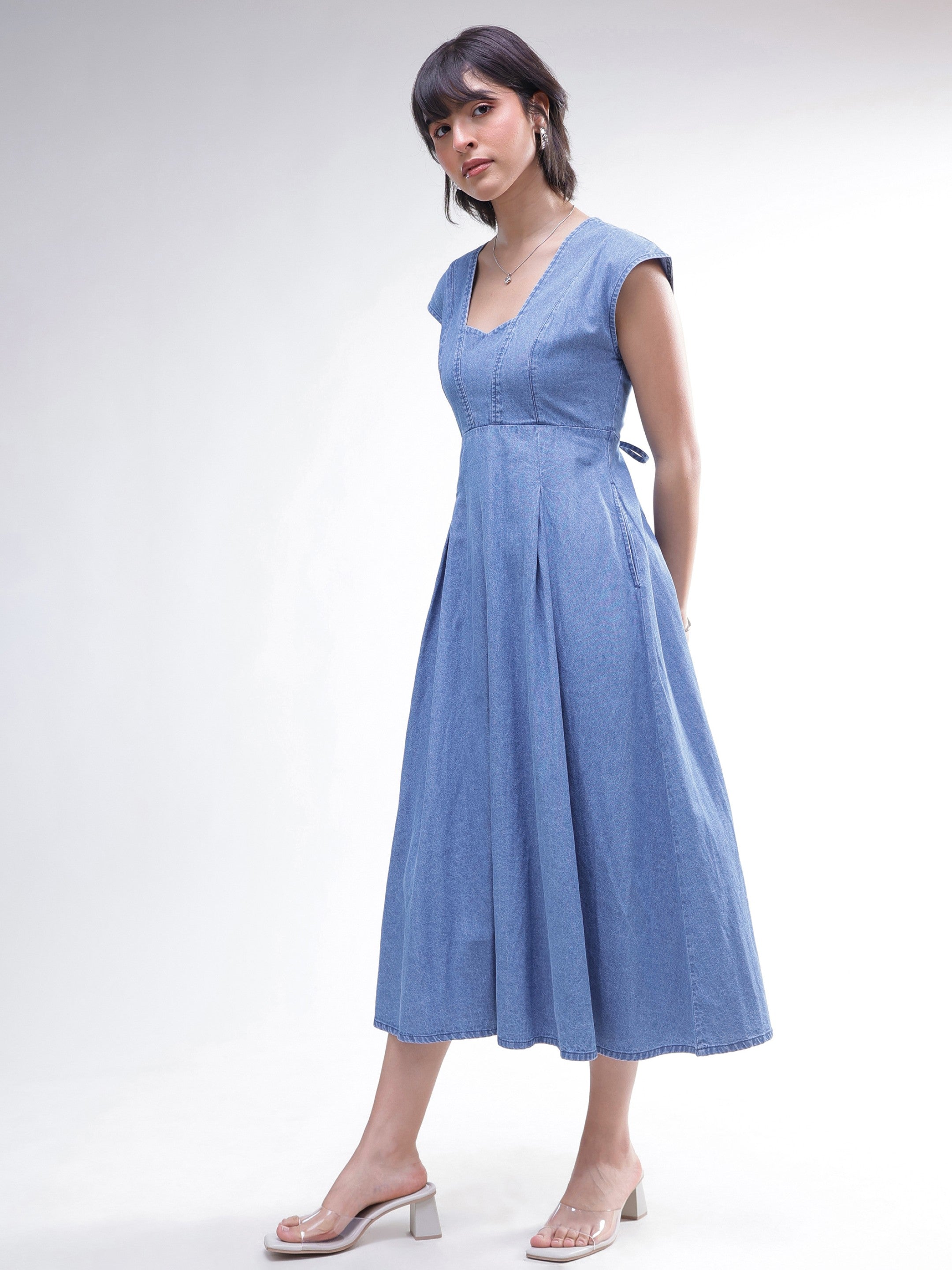 DesiQlo Blue Denim Sweetheart Neck A-Line Midi Dress - Blue