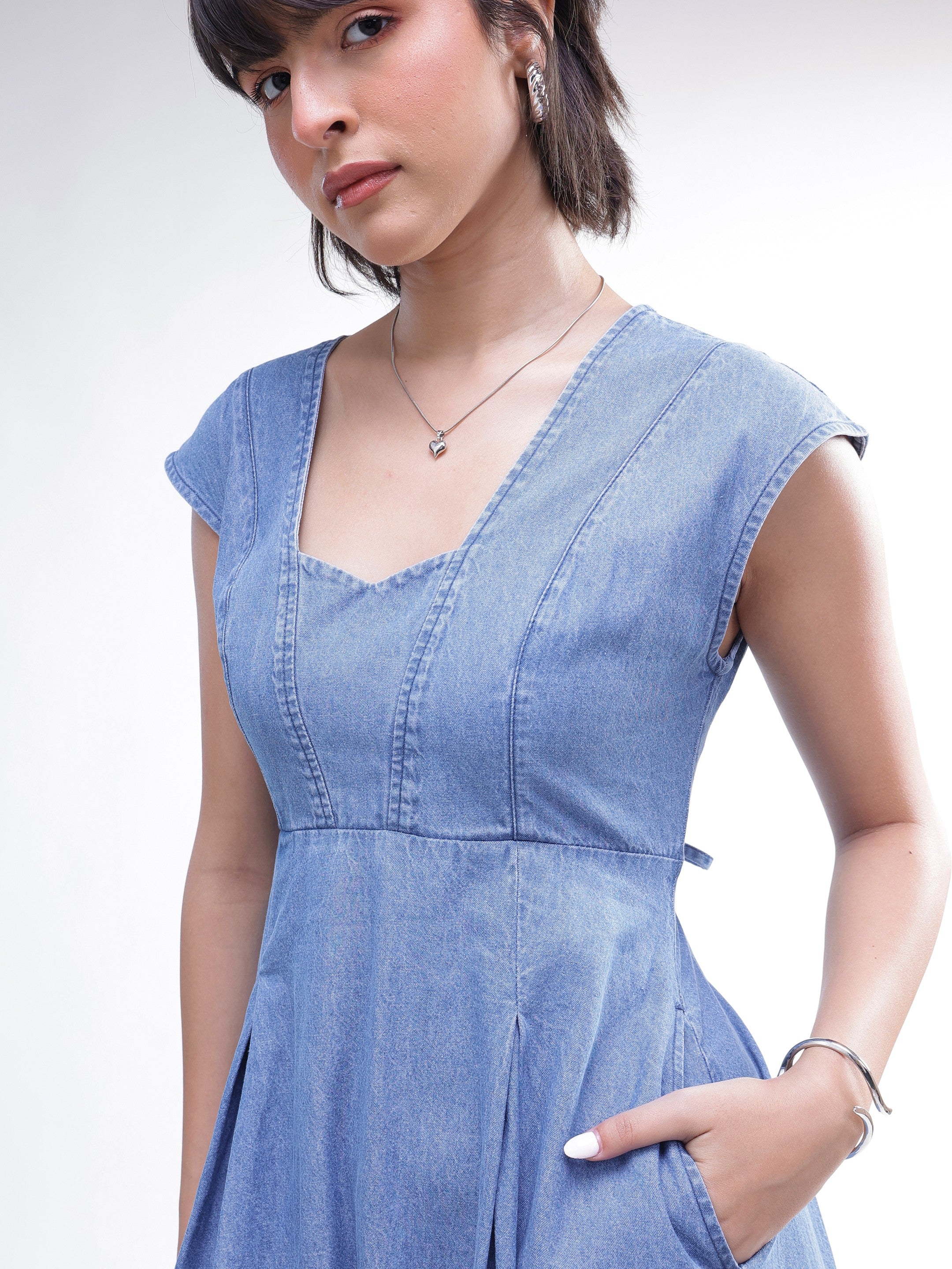 DesiQlo Blue Denim Sweetheart Neck A-Line Midi Dress - Blue