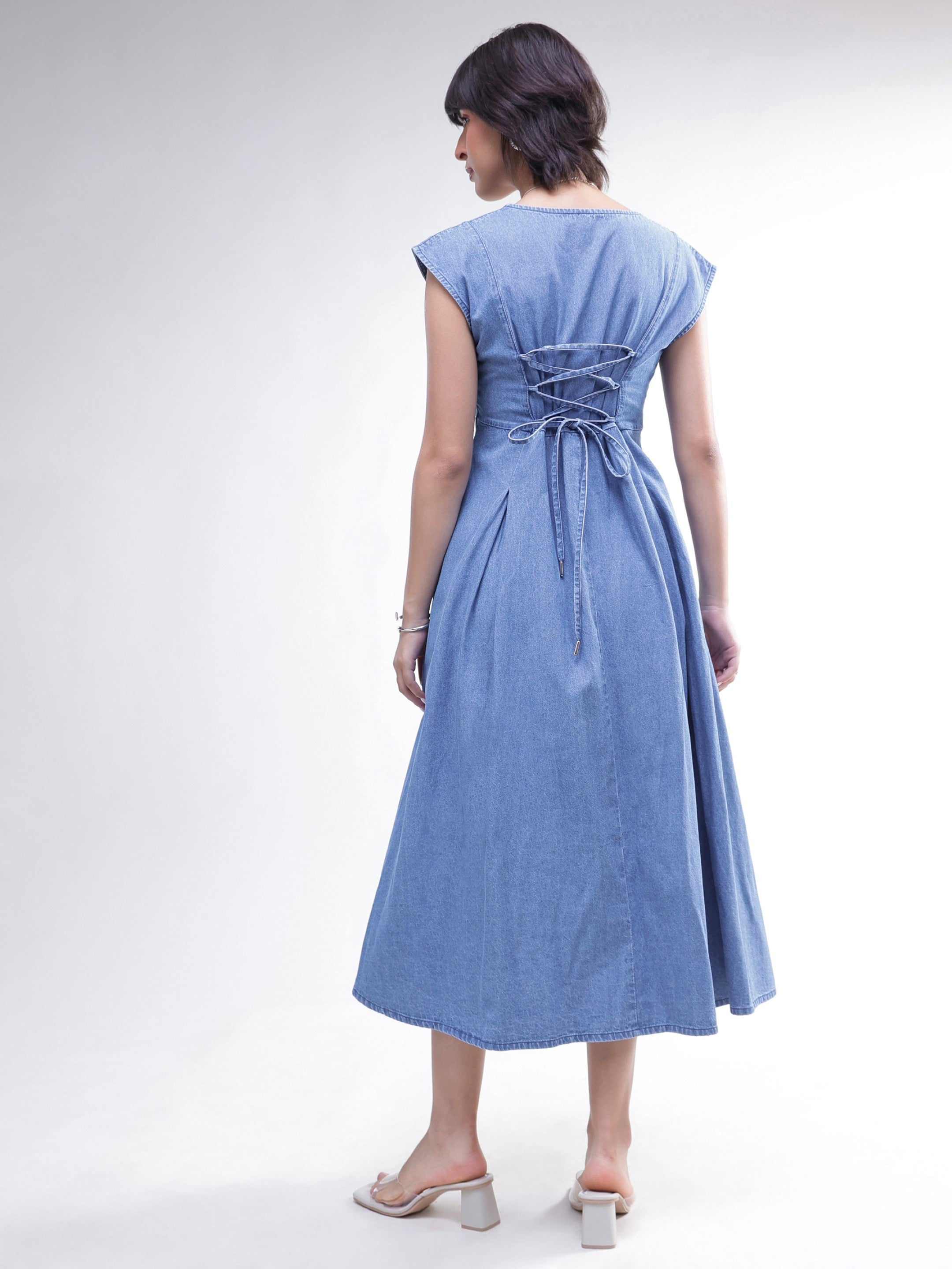 DesiQlo Blue Denim Sweetheart Neck A-Line Midi Dress - Blue