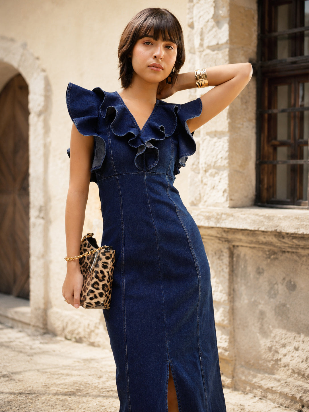 DesiQlo Navy V Neck Front Ruffle Midi Dress - Navy Blue