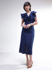 Women Navy V Neck Front Ruffle Midi Dress