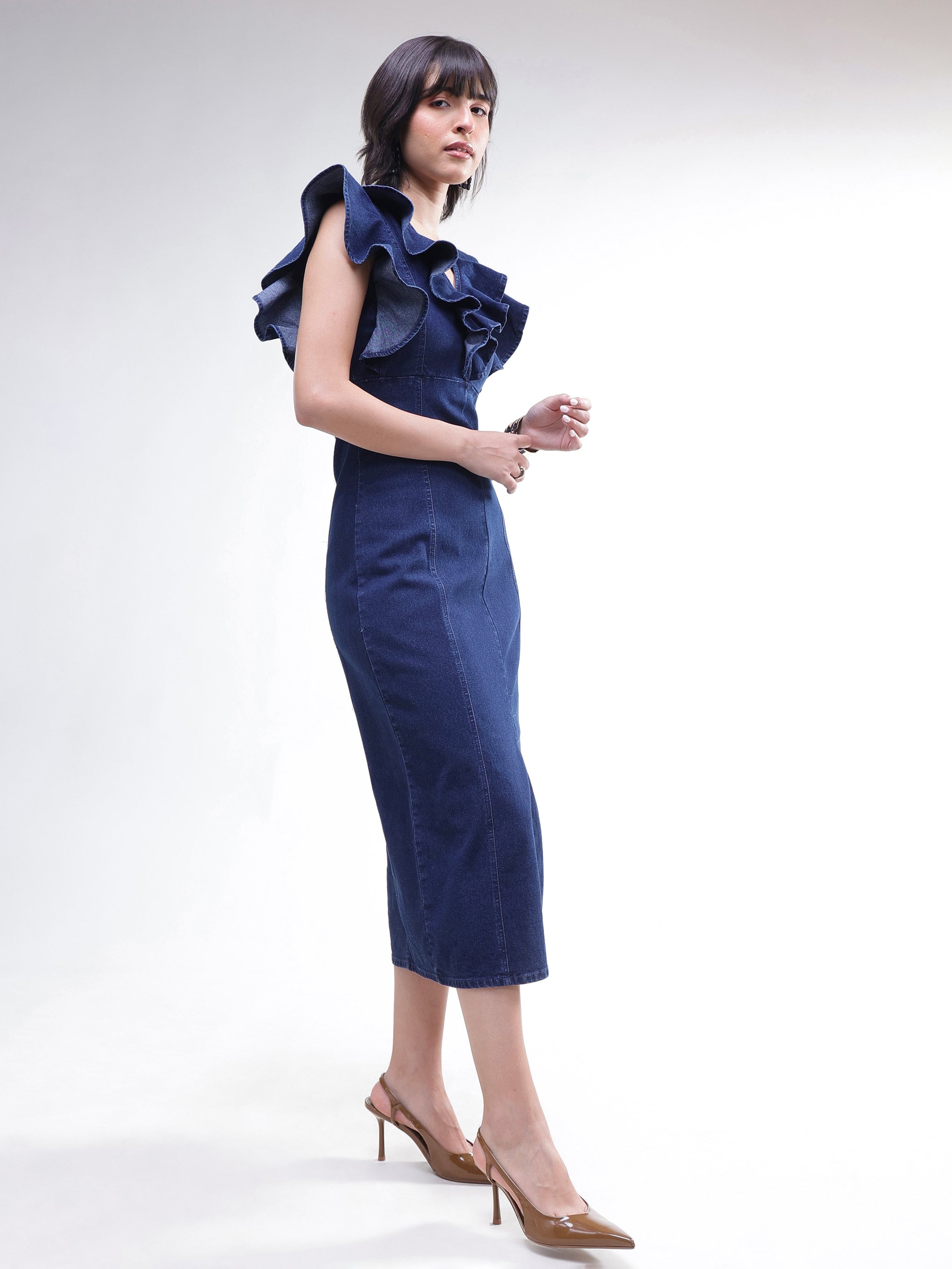 DesiQlo Navy V Neck Front Ruffle Midi Dress - Navy Blue