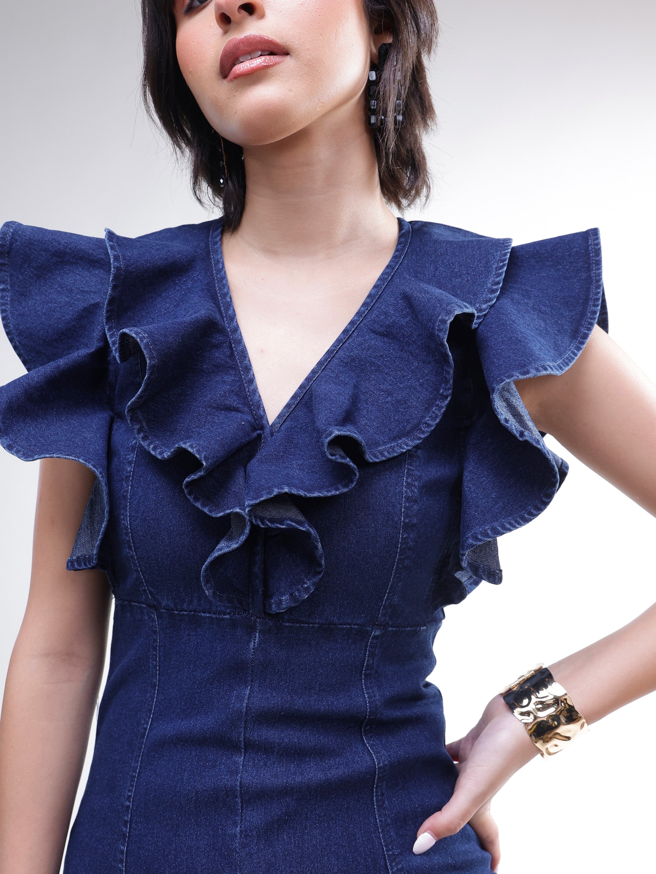 DesiQlo Navy V Neck Front Ruffle Midi Dress - Navy Blue