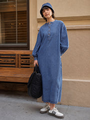 Women Blue Denim Oversized Full Sleeves Maxi Dress