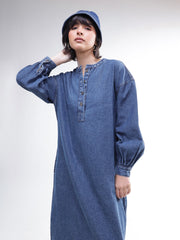 Women Blue Denim Oversized Full Sleeves Maxi Dress