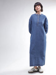 Women Blue Denim Oversized Full Sleeves Maxi Dress