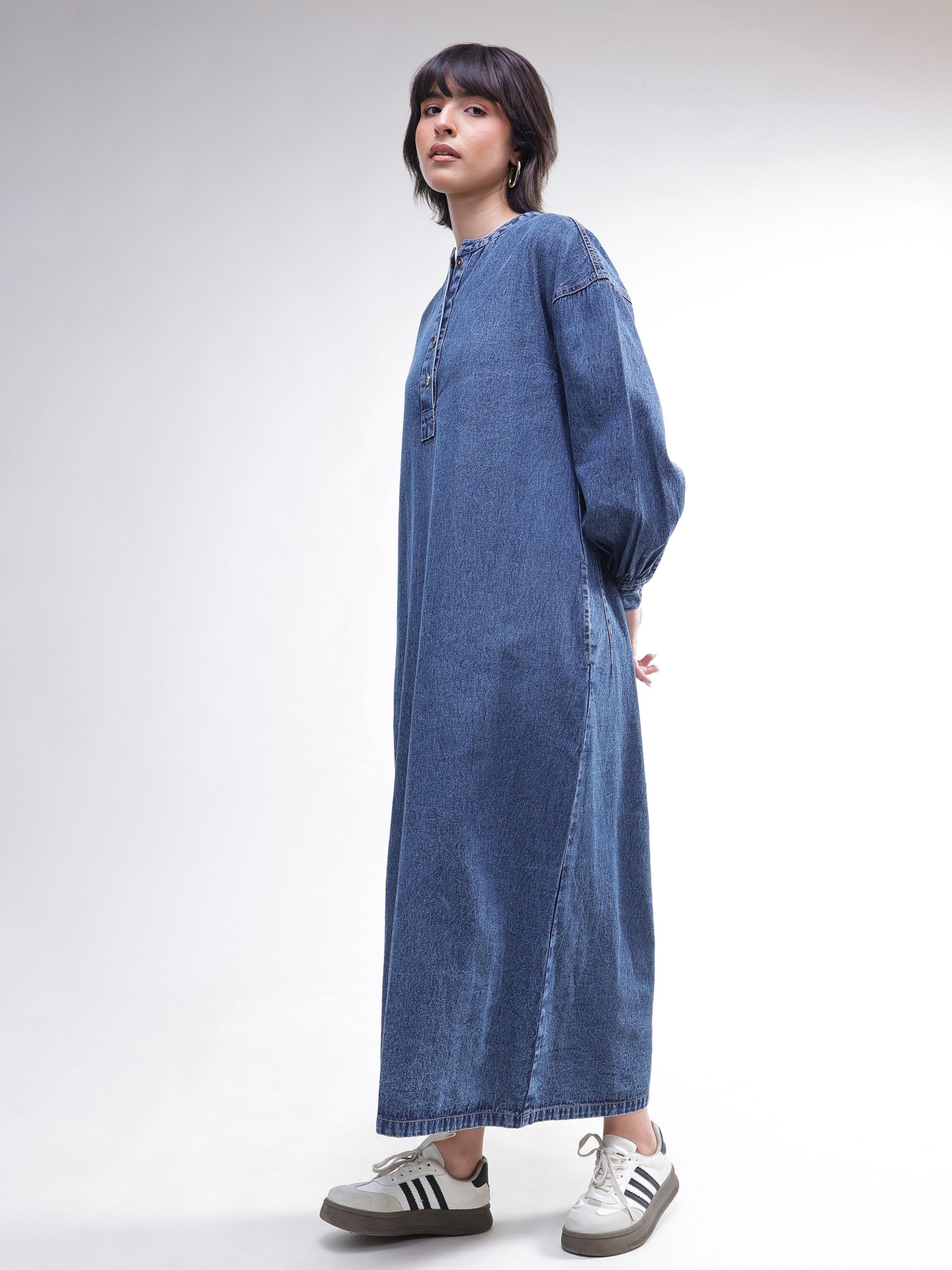 DesiQlo Blue Denim Oversized Full Sleeves Maxi Dress - Blue