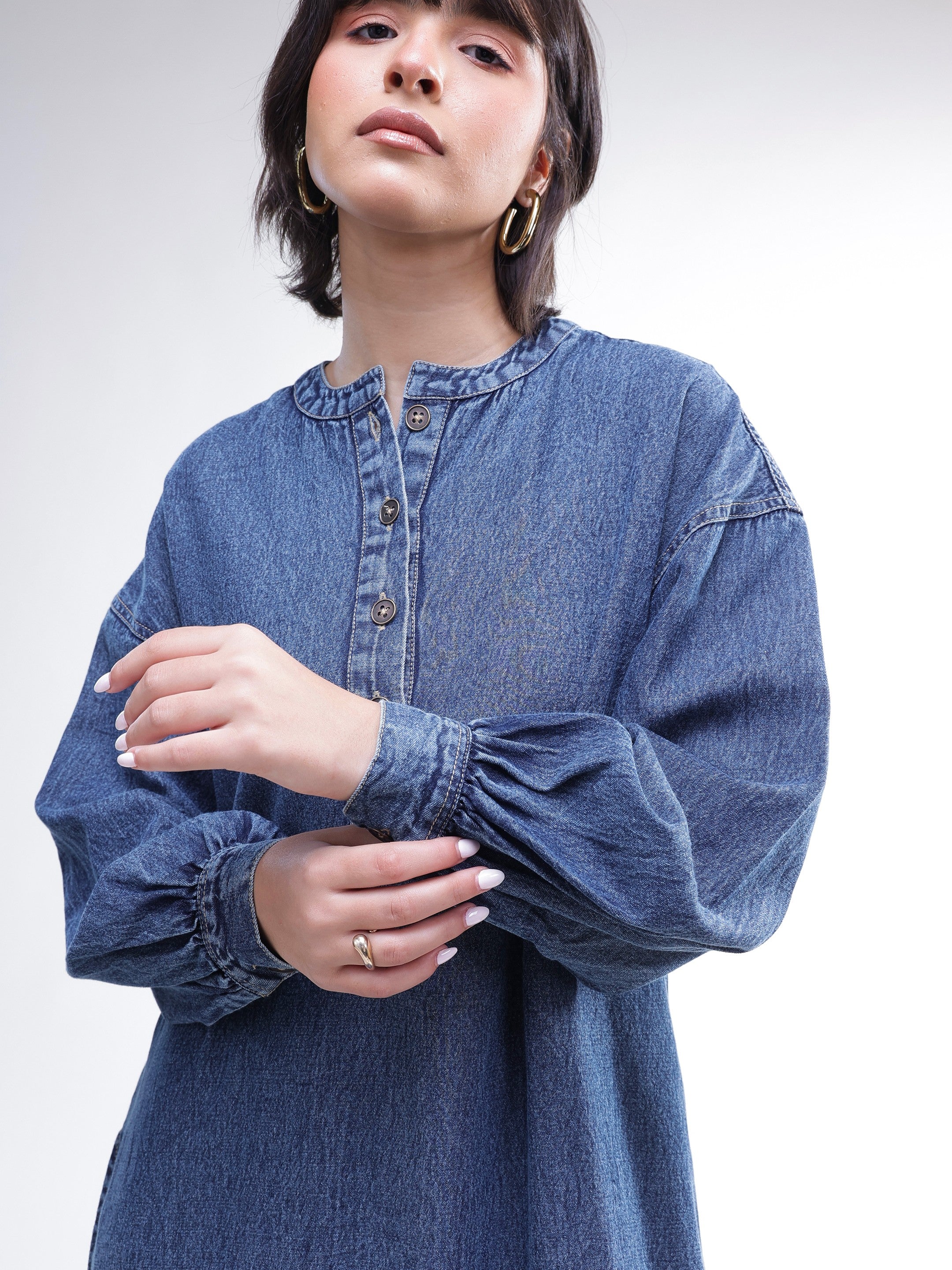 DesiQlo Blue Denim Oversized Full Sleeves Maxi Dress - Blue