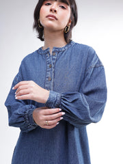 Women Blue Denim Oversized Full Sleeves Maxi Dress