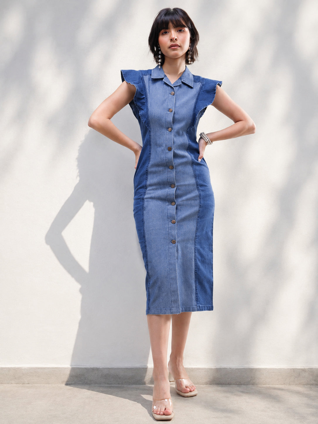 DesiQlo Blue Colour Block Denim Button Down Midi Dress - Blue