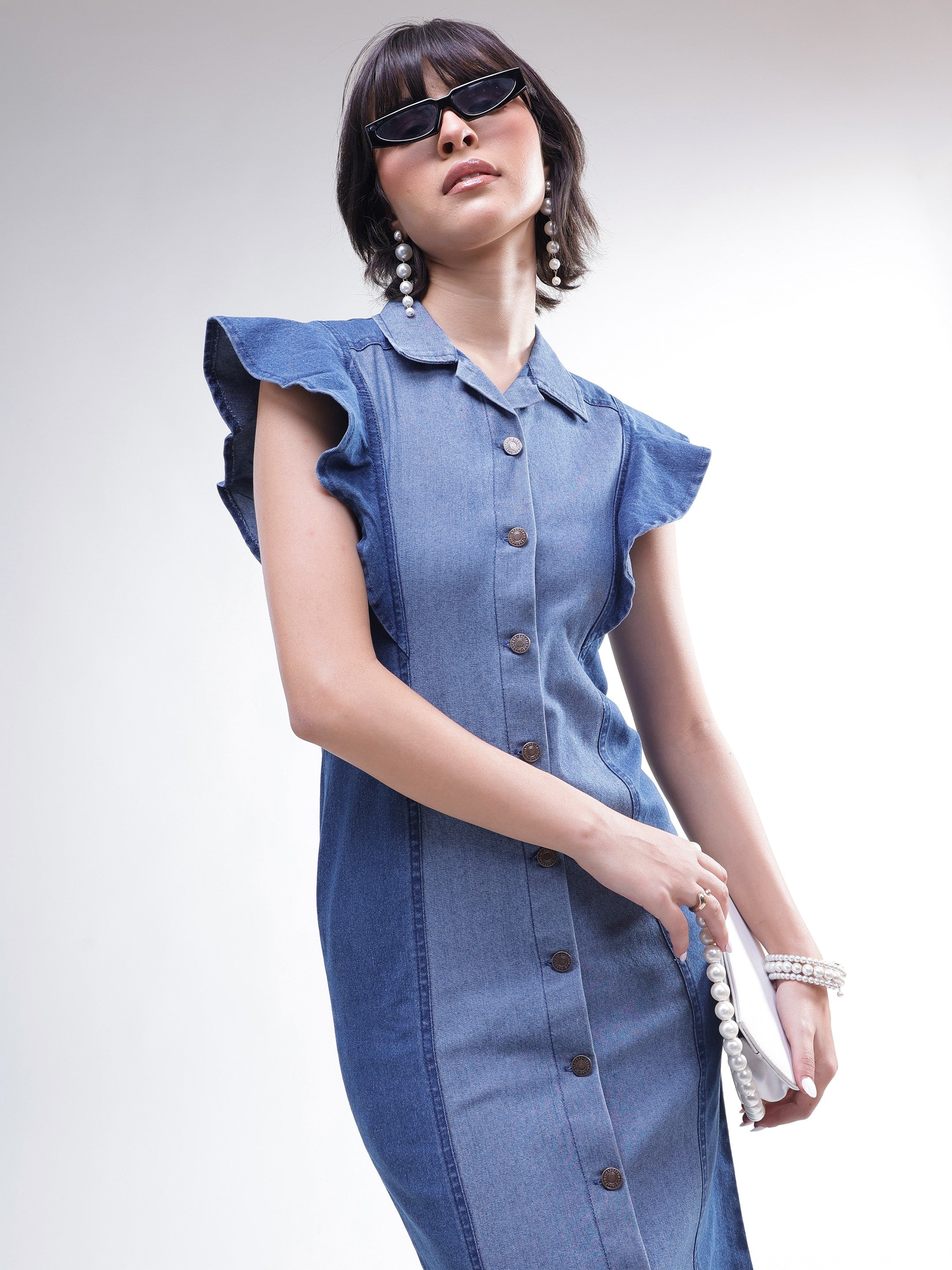 DesiQlo Blue Colour Block Denim Button Down Midi Dress - Blue