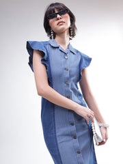 Women Blue Colour Block Denim Button Down Midi Dress