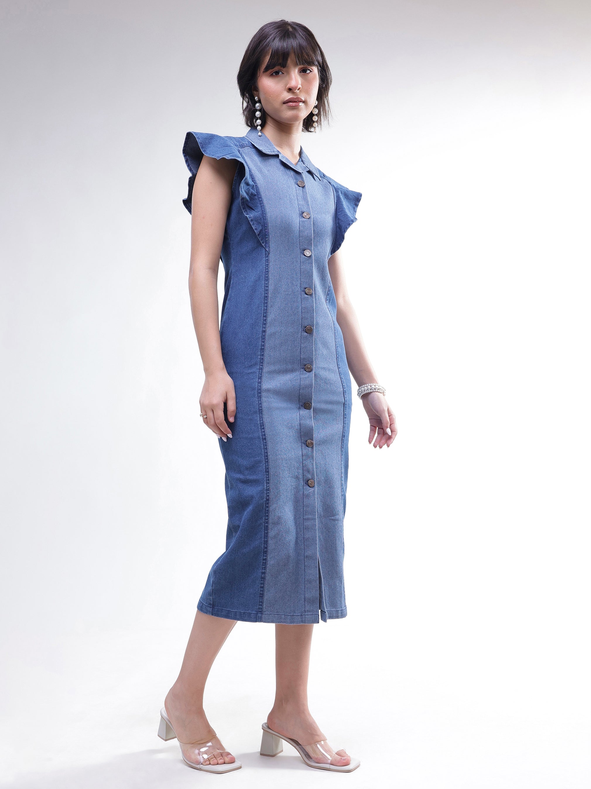DesiQlo Blue Colour Block Denim Button Down Midi Dress - Blue