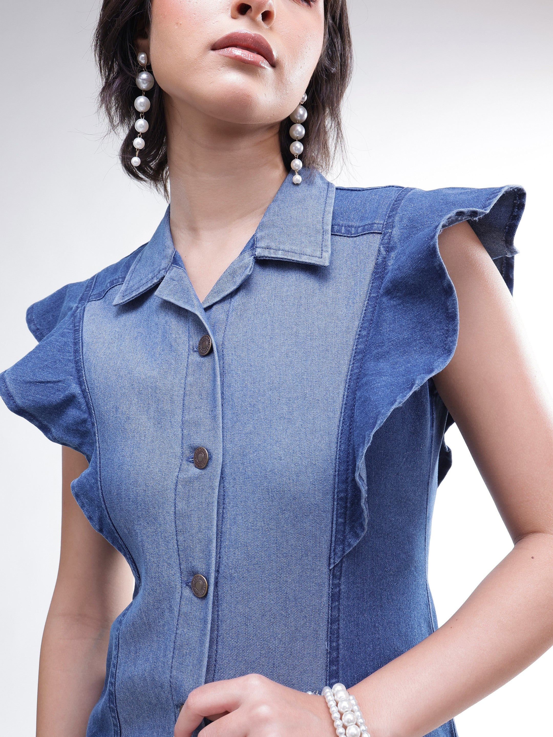 DesiQlo Blue Colour Block Denim Button Down Midi Dress - Blue
