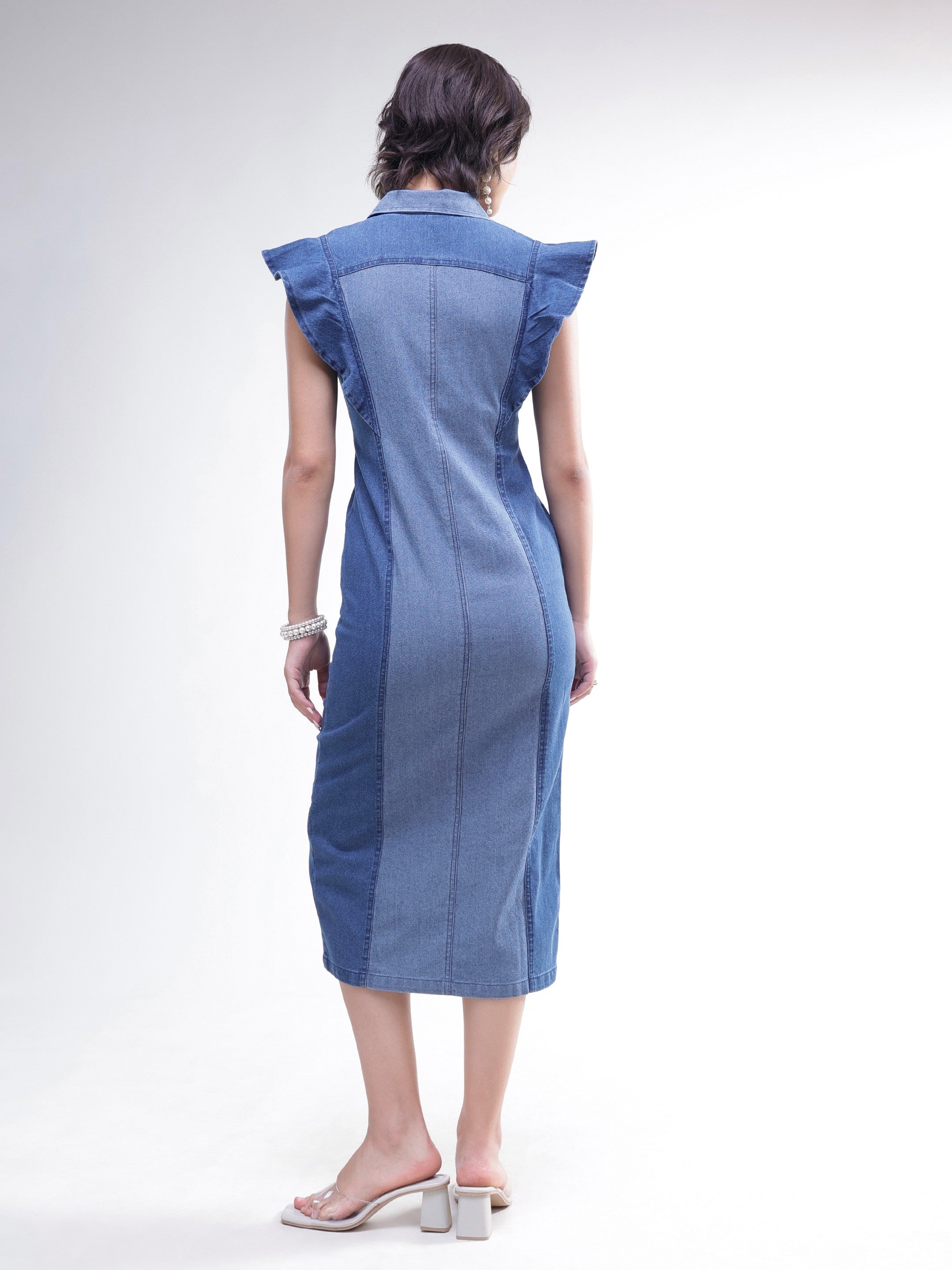 DesiQlo Blue Colour Block Denim Button Down Midi Dress - Blue