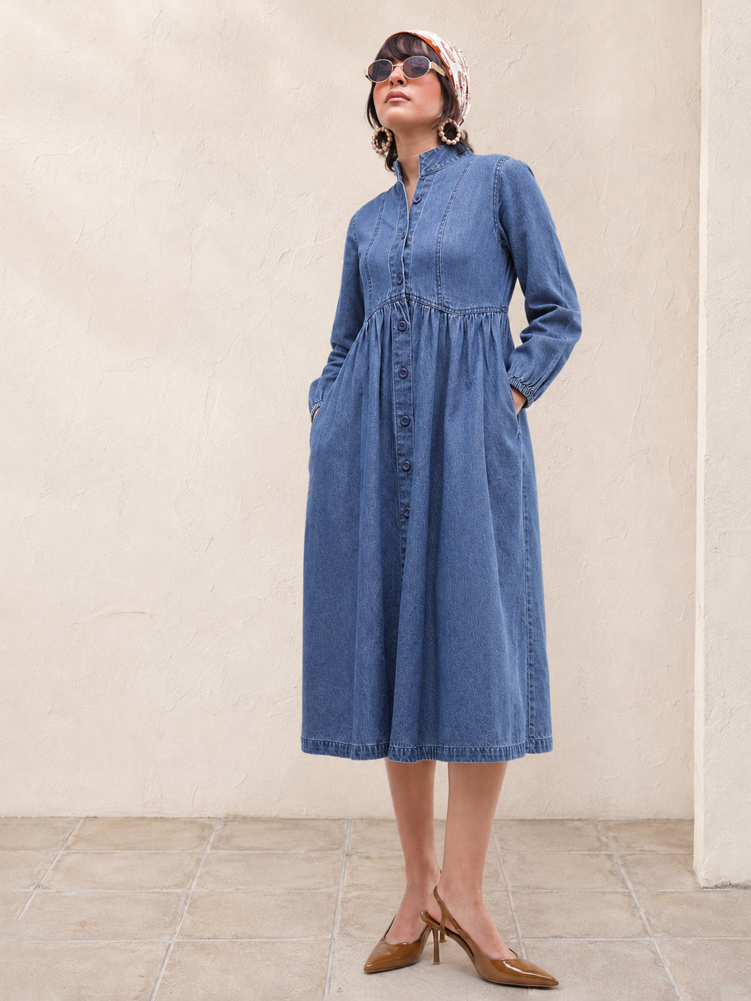 DesiQlo Blue Denim Front Button A-Line Midi Dress - Blue