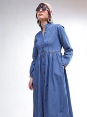 Women Blue Denim Front Button A-Line Midi Dress