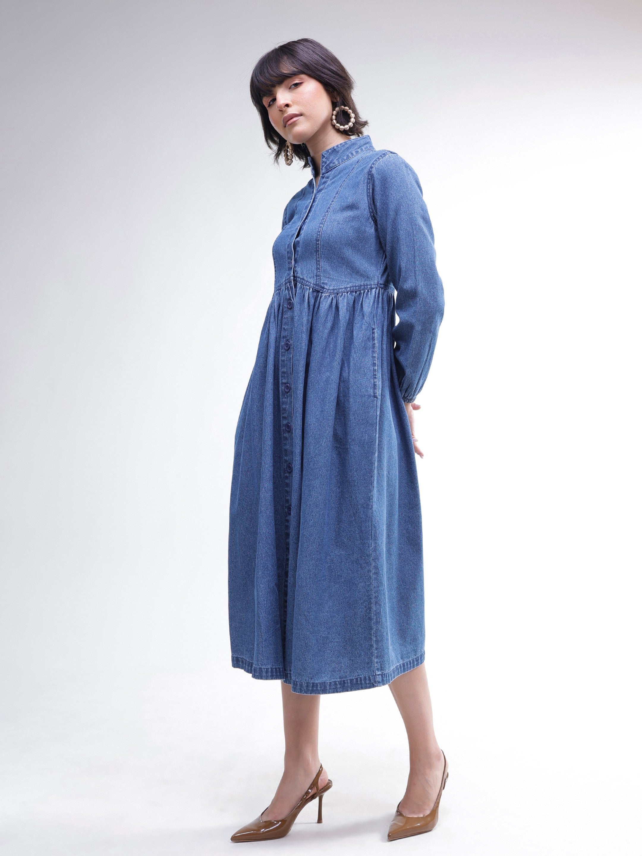 DesiQlo Blue Denim Front Button A-Line Midi Dress - Blue